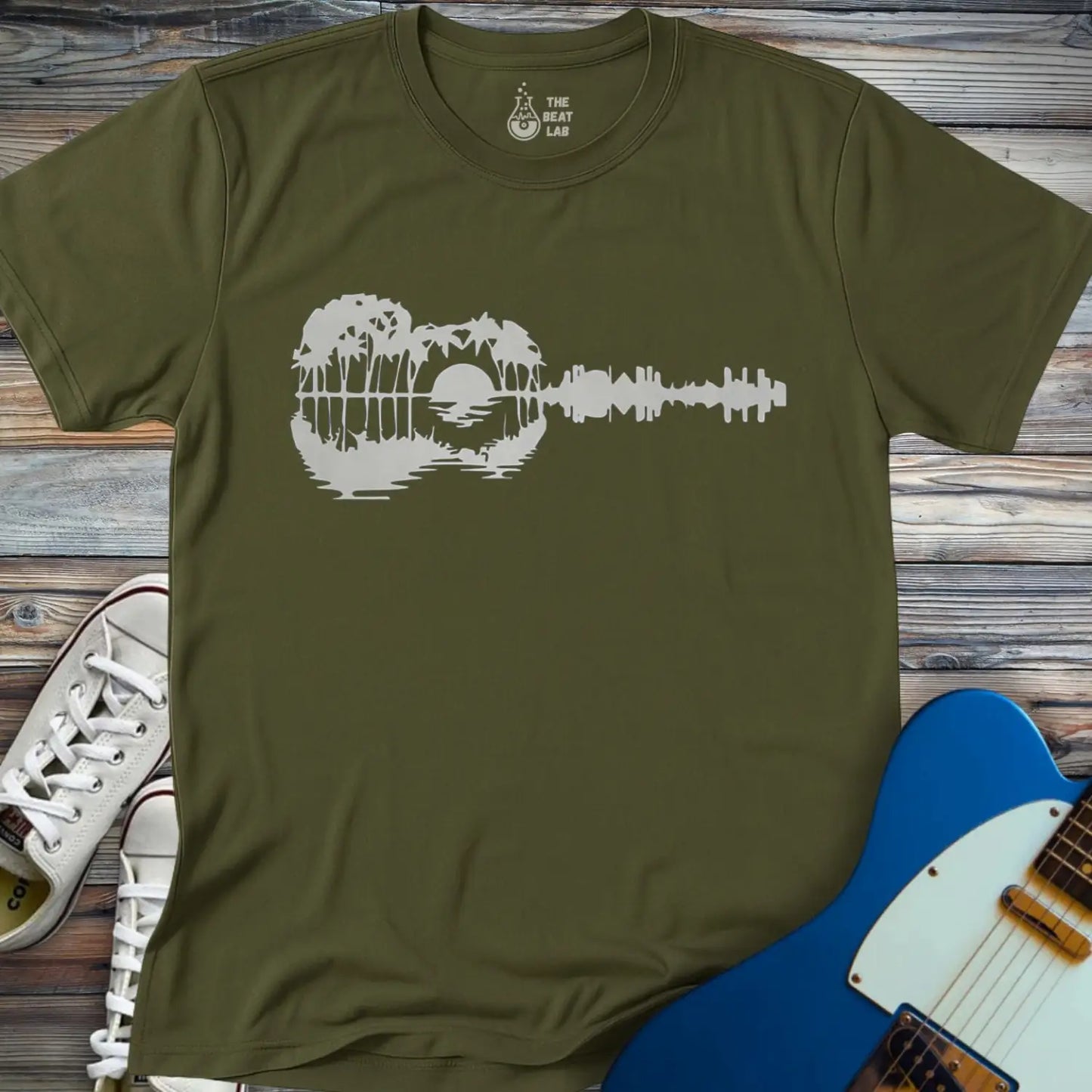 Guitar Island Paradise T-shirt - Military Green / S - T-Shirt