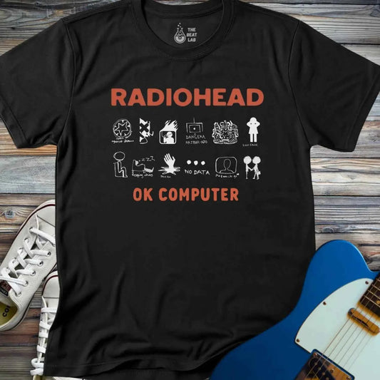 Black color adult unisex t-shirt gildan 64000 Radiohead OK Computer graphic t-shirt with large RADIOHEAD and OK COMPUTER text and a horizontal row of minimalist white icons in between.