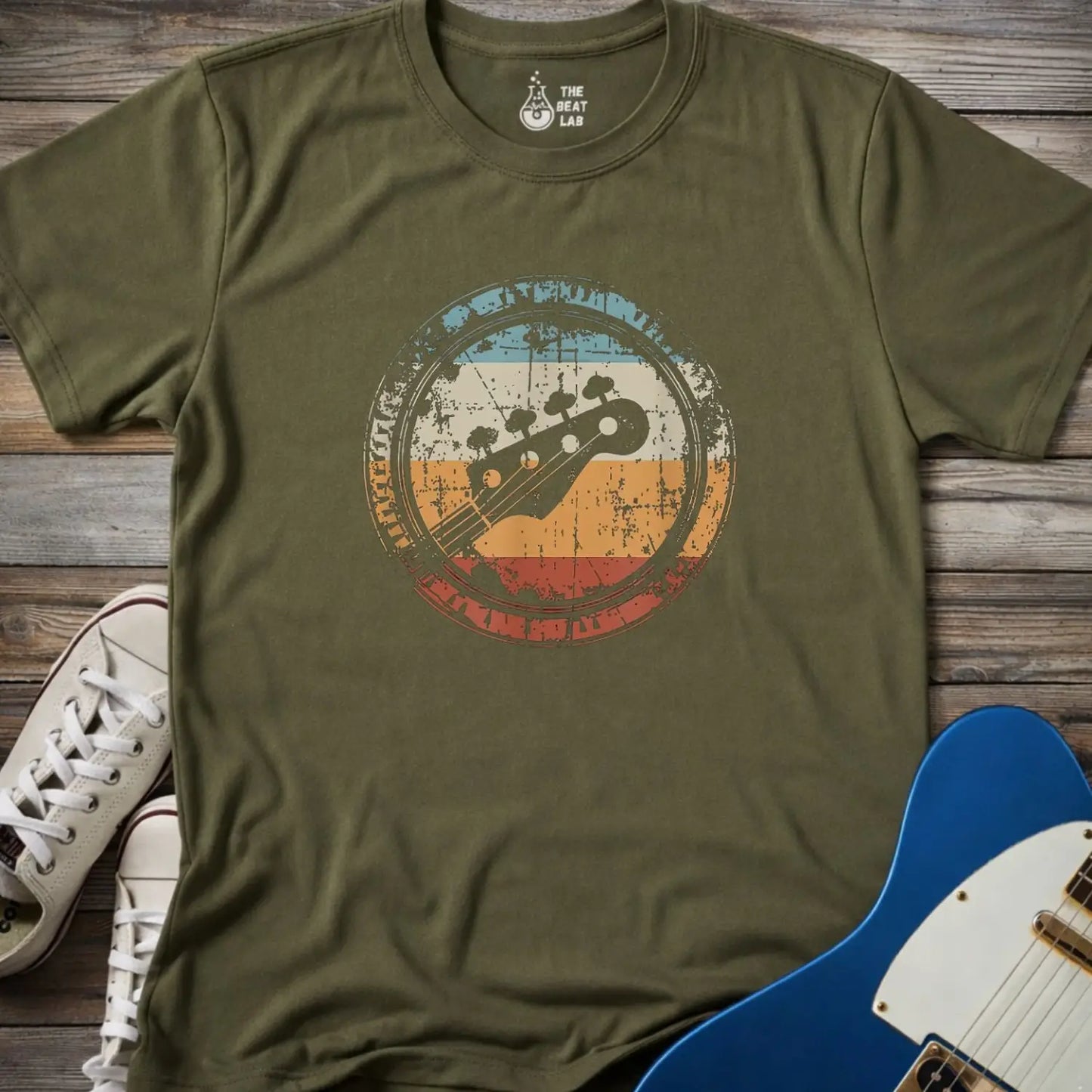 Retro Grunge Bass Guitar T-shirt - Military Green / S - T-Shirt