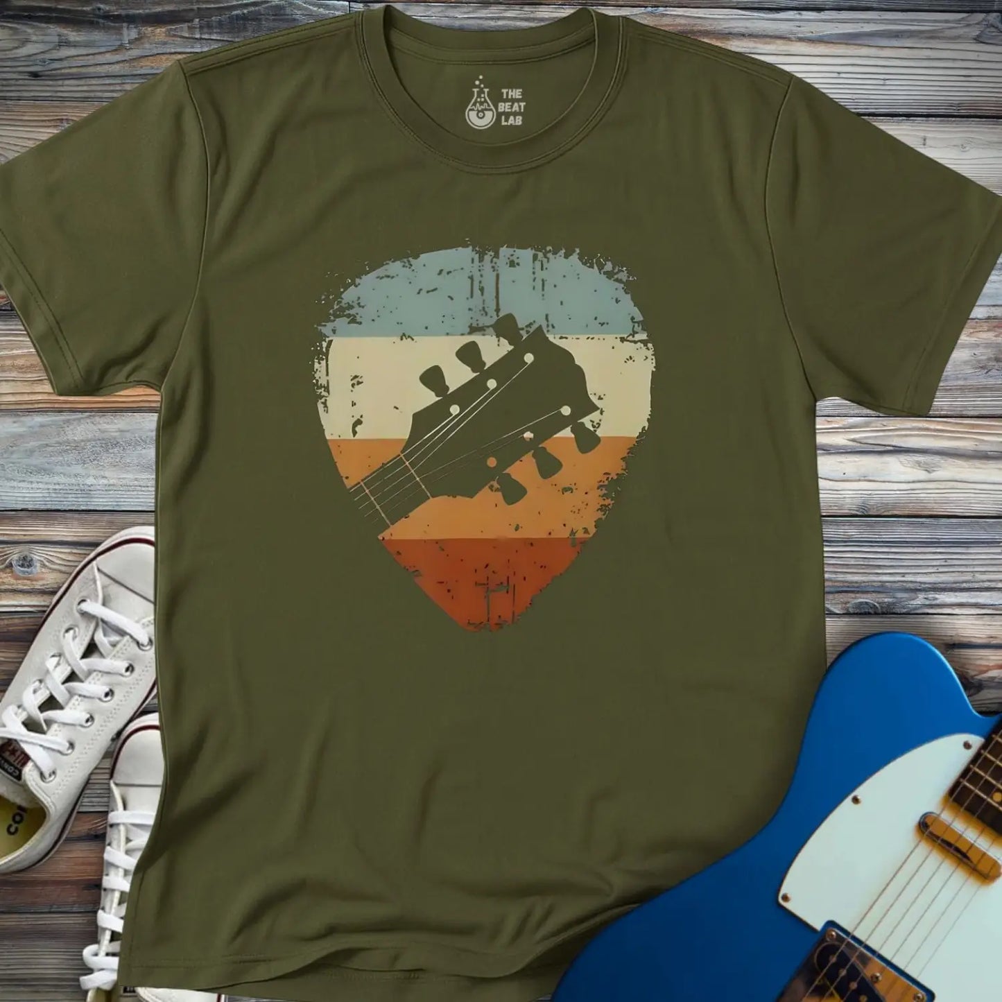 Retro Guitar Pick T-shirt - Military Green / S - T-Shirt