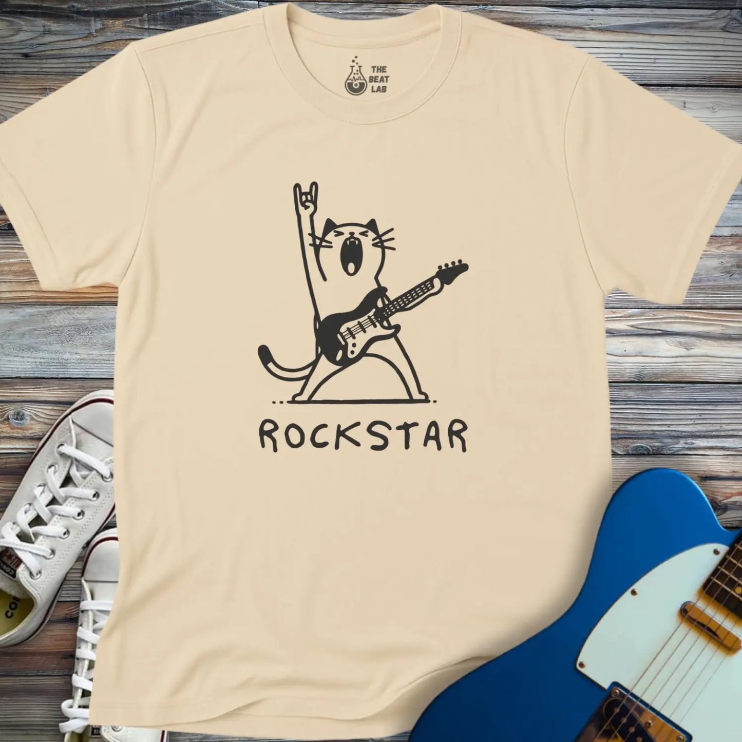 Rockstar Cat T-shirt - Sand / S - T-Shirt