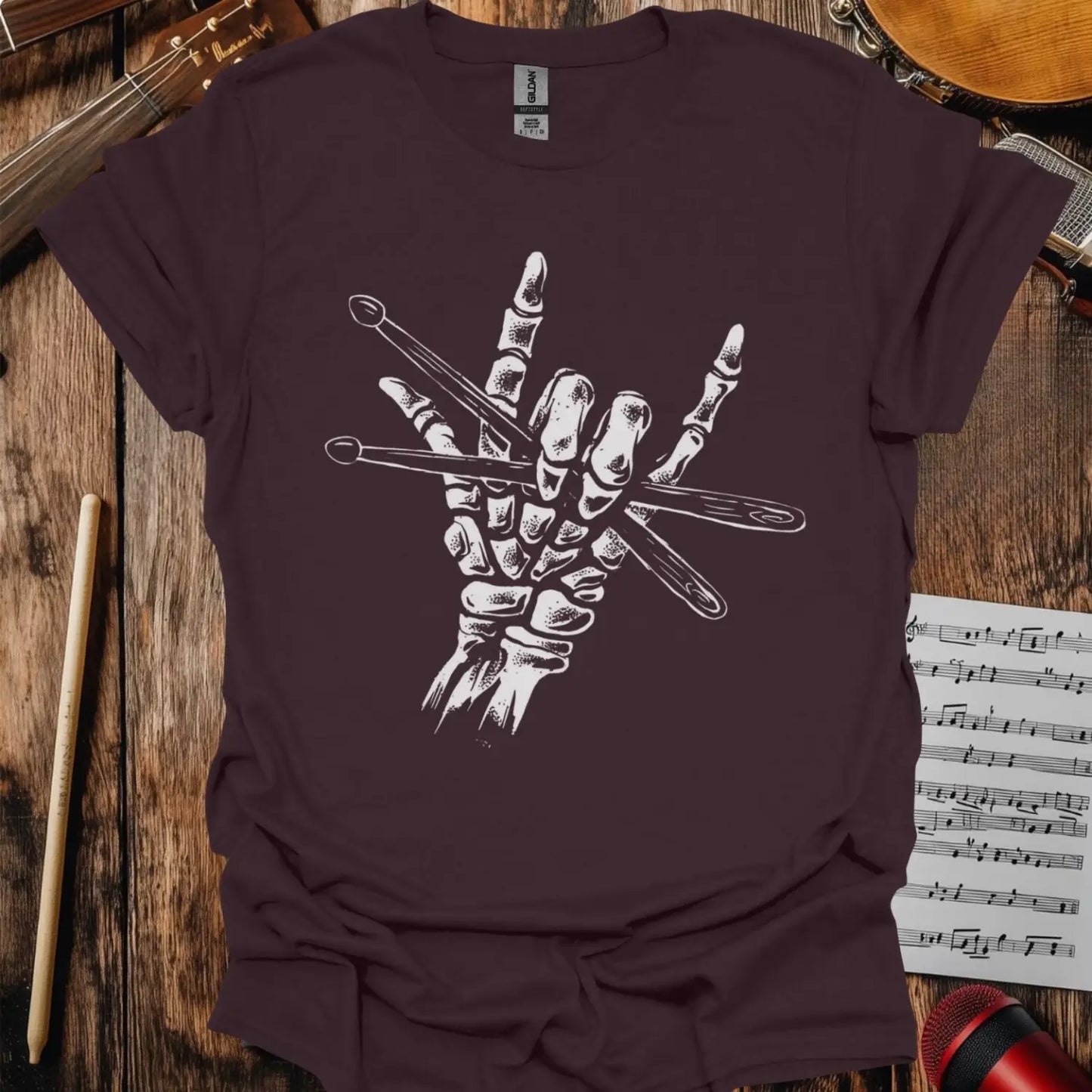 Skeleton Drummer Rock On T-shirt Dark Chocolate