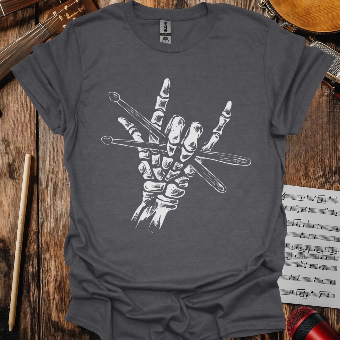 Skeleton Drummer Rock On T-shirt Dark Heather Grey