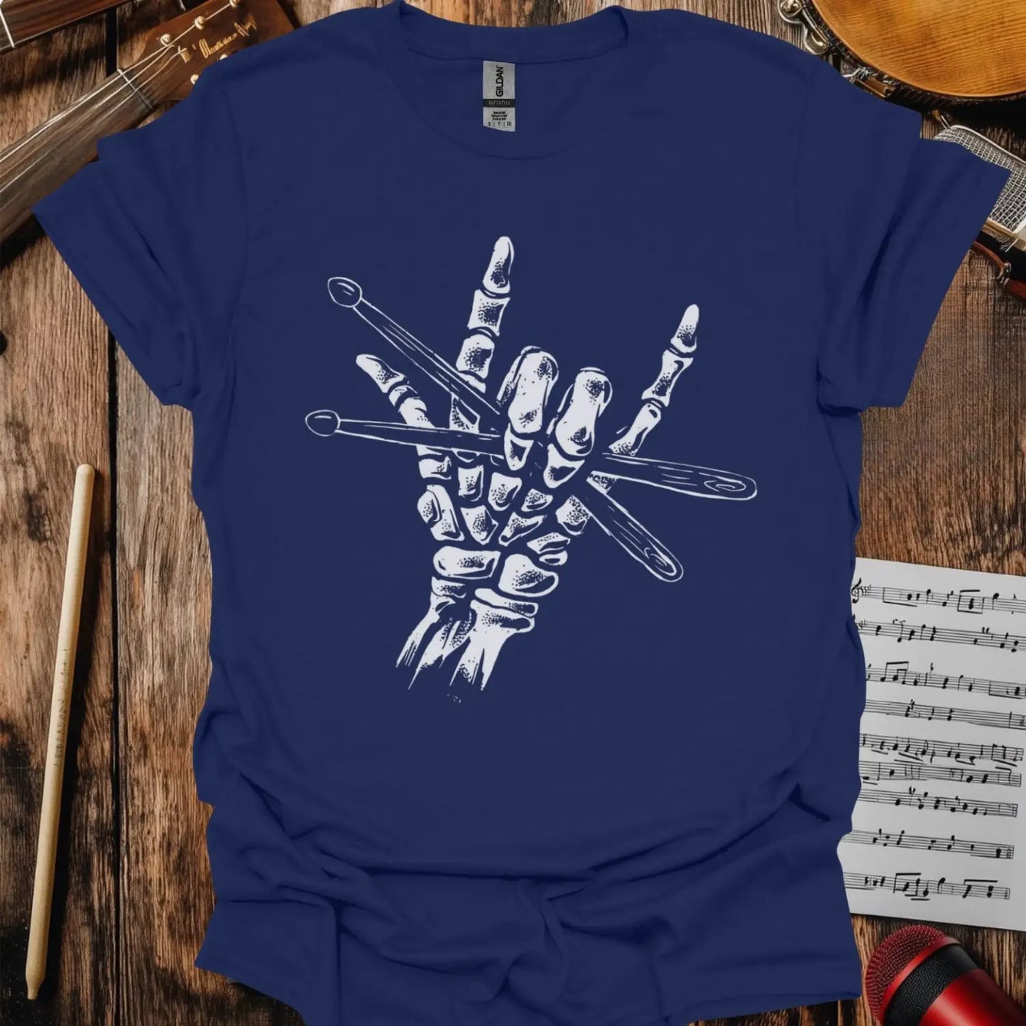 Skeleton Drummer Rock On T-shirt Navy