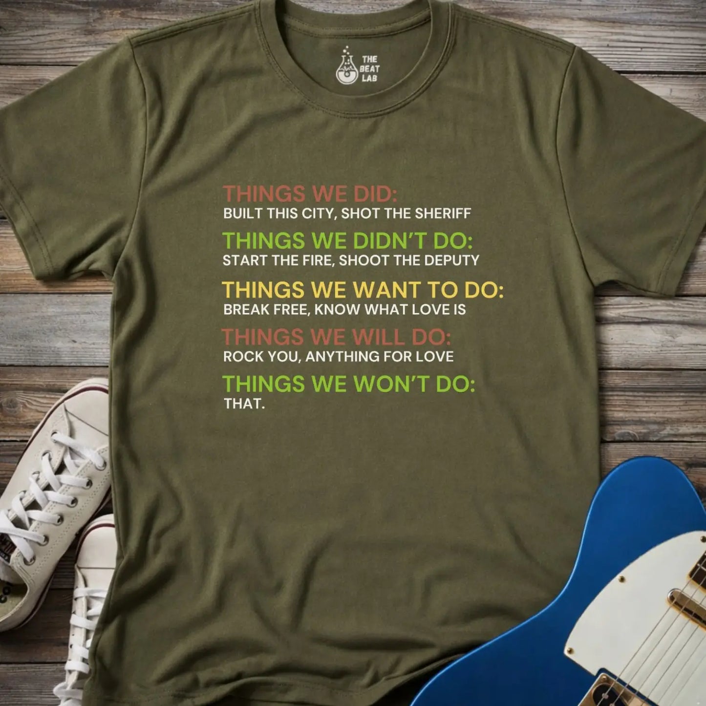 Military Green color of gildan 64000 t-shirt featuring iconic classic rock song lyrics, retro shirt for men women