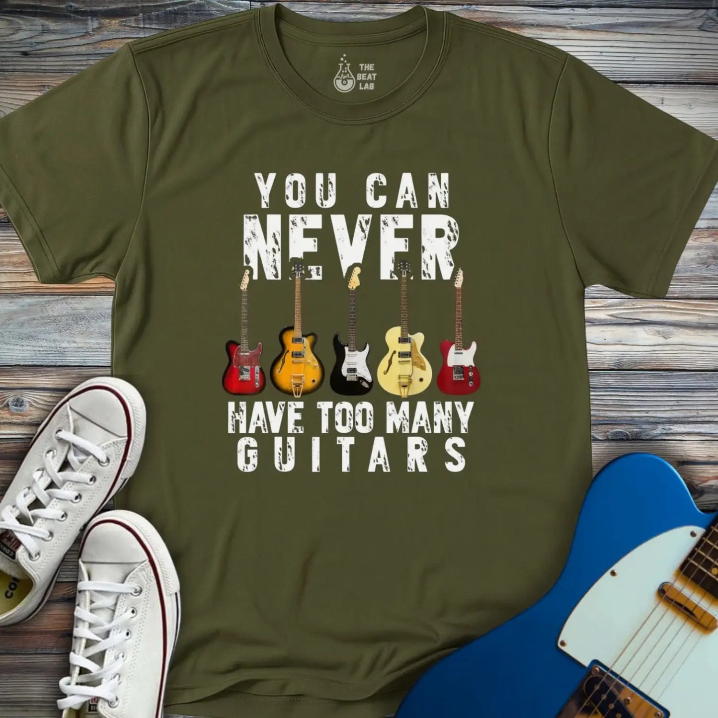Too Many Guitars T-shirt - Military Green / S - T-Shirt
