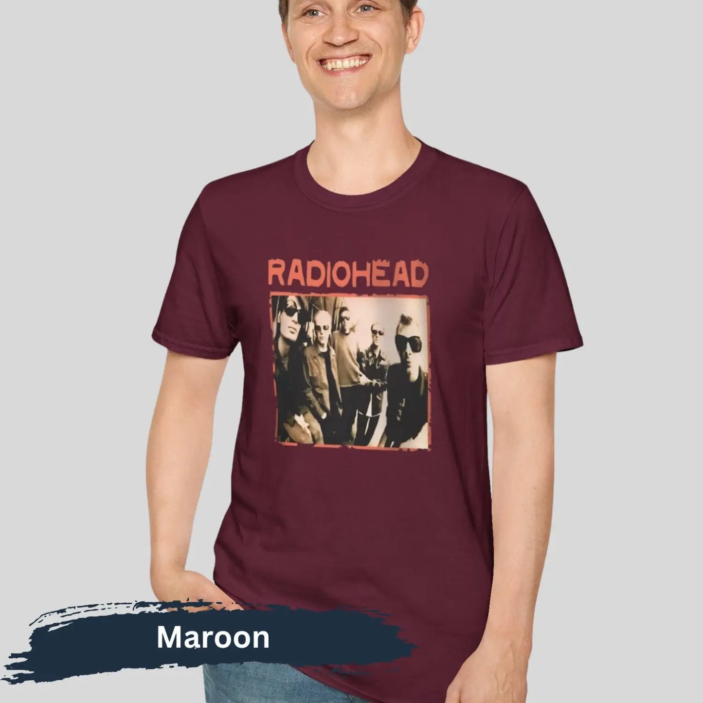 Man wearing maroon adult unisex shirt featuring vintage radiohead music rock band members including Ed O'Brien; Thom Yorke; Colin Greenwood; Philip Selway; Jonny Greenwood