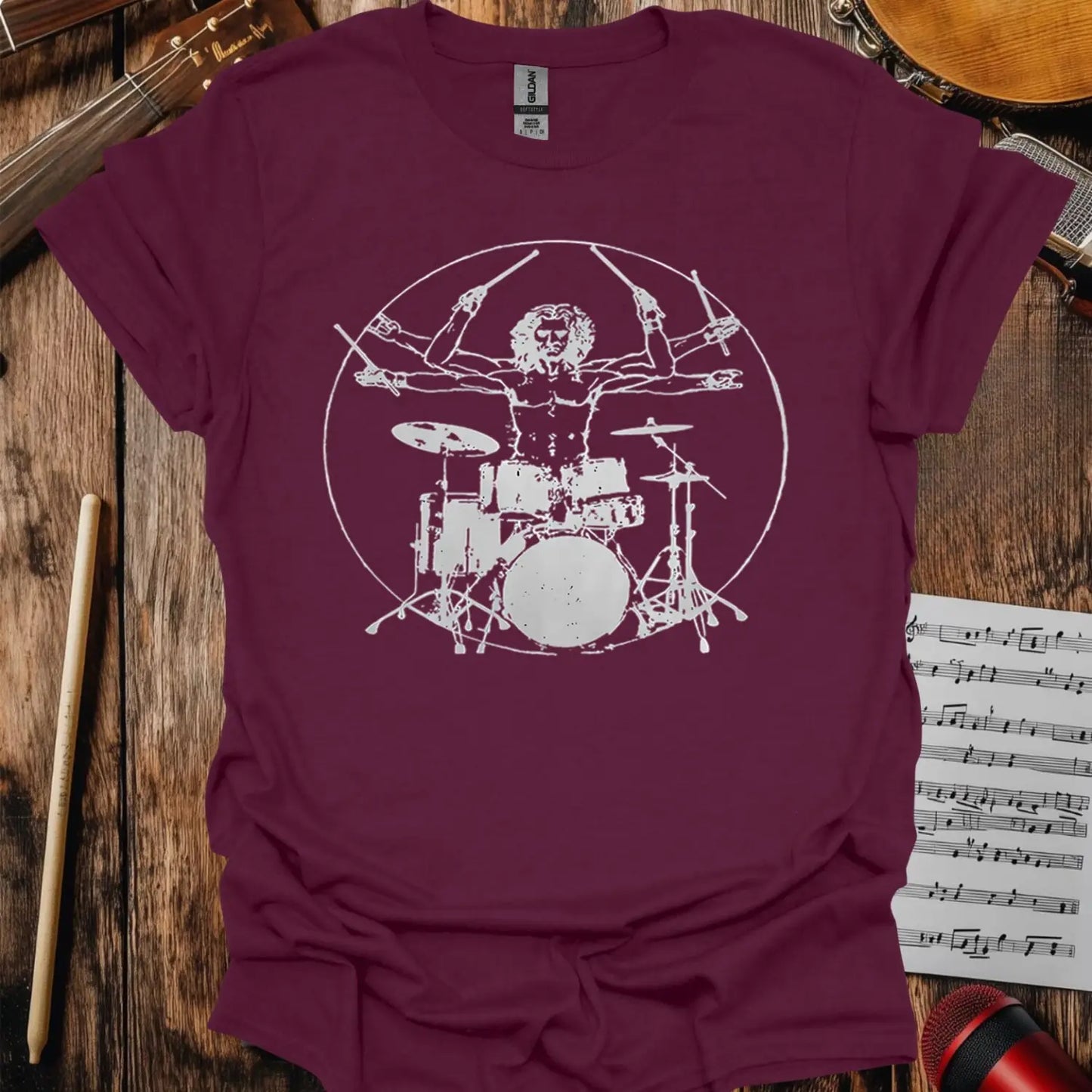 Vitruvian Drummer T-shirt - S / Maroon - T-Shirt