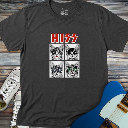 Dark grey T-shirt featuring four cats with glam rock face paint and the bold word HISS in red letters.