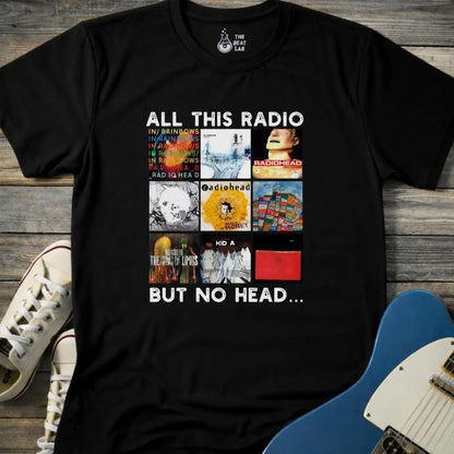Black color of adult unisex gildan 64000 shirt featuring funny radiohead rock band albums, all this radio but no head