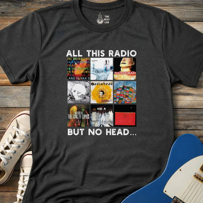 Dark heather grey color of adult unisex gildan 64000 shirt featuring funny radiohead rock band albums, all this radio but no head