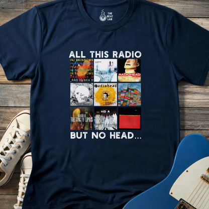 Navy blue color of adult unisex gildan 64000 shirt featuring funny radiohead rock band albums, all this radio but no head