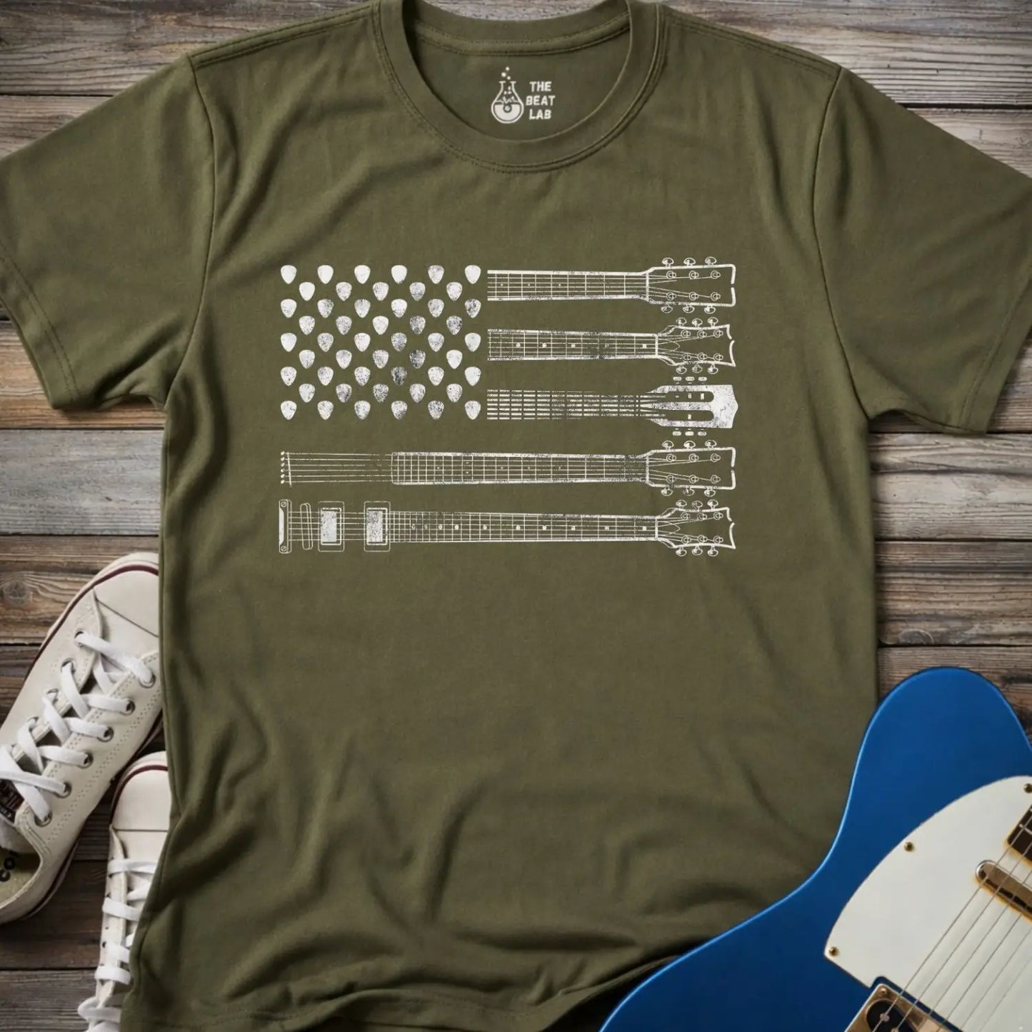 American Guitar Flag T-shirt - Military Green / S - T-Shirt