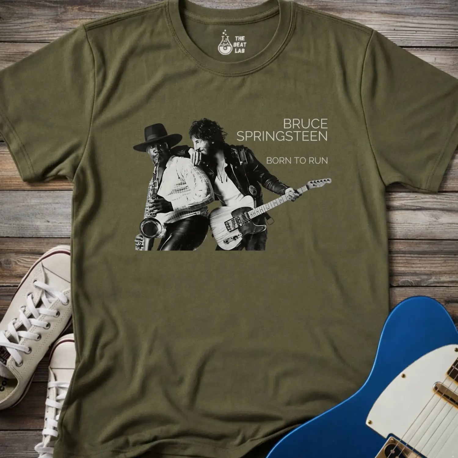 military green color adult unisex gildan 64000 shirt featuring Born to run studio album by e street band bruce springsteen 1975