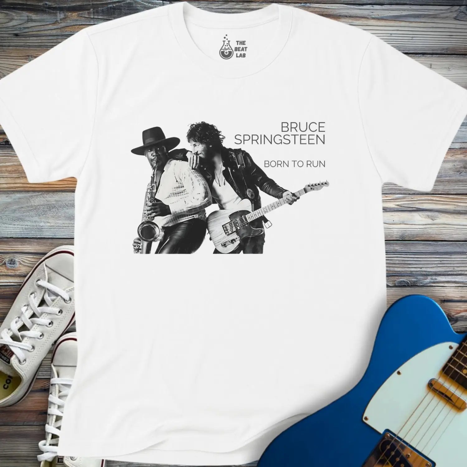 White color adult unisex gildan 64000 shirt featuring Born to run studio album by e street band bruce springsteen 1975