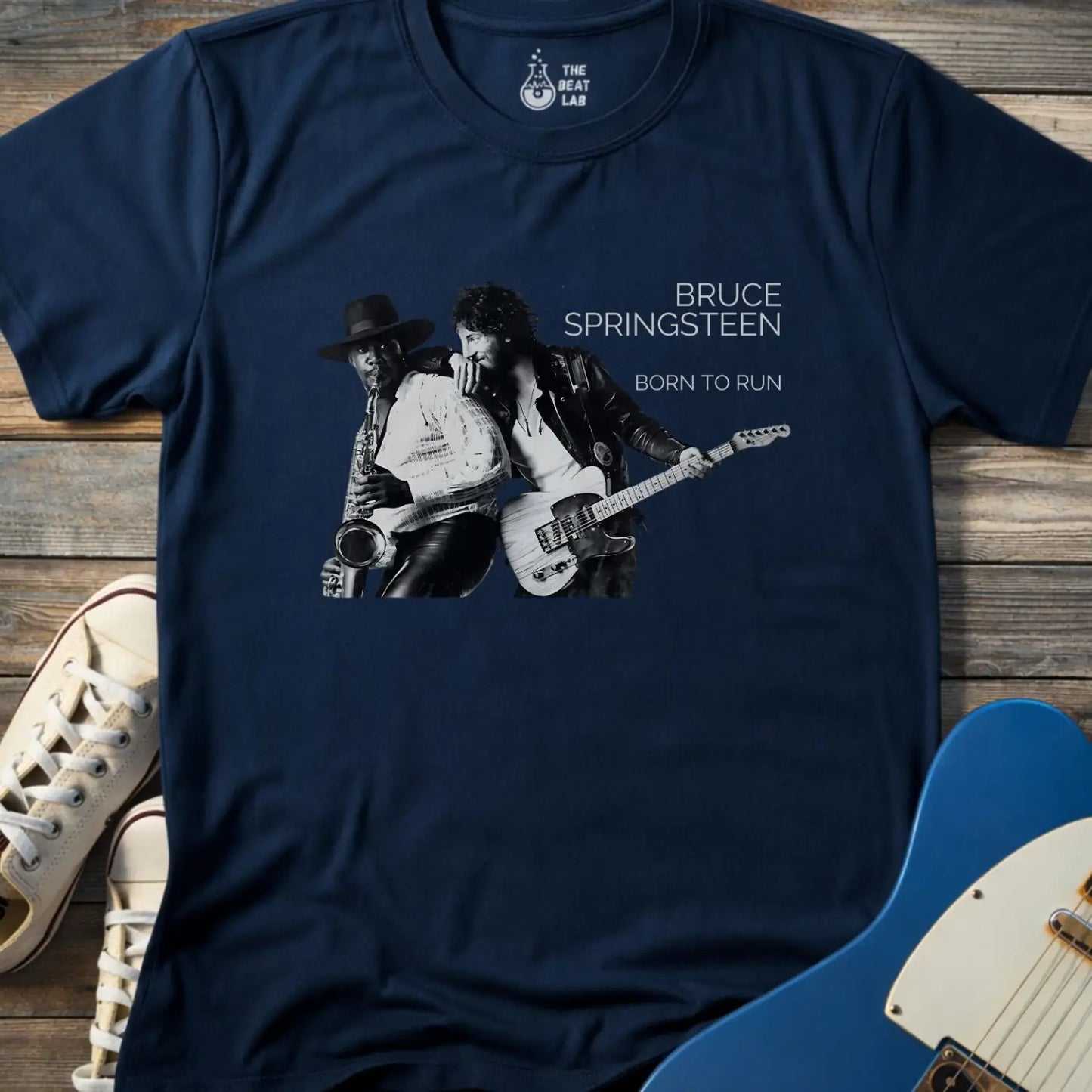 Navy blue color adult unisex gildan 64000 shirt featuring Born to run studio album by e street band bruce springsteen 1975