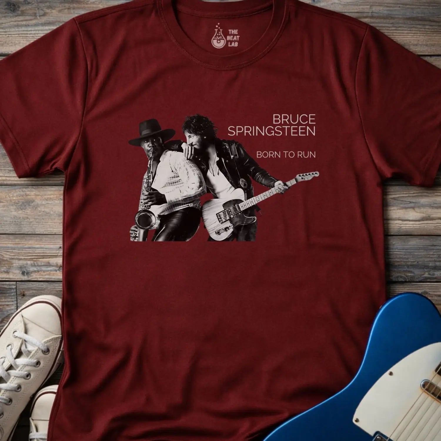 Maroon red color adult unisex gildan 64000 shirt featuring Born to run studio album by e street band bruce springsteen 1975
