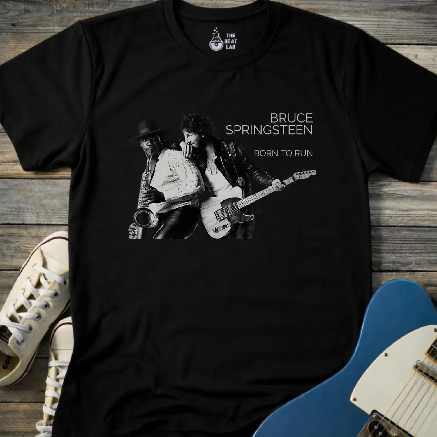 Black color adult unisex gildan 64000 shirt featuring Born to run studio album by e street band bruce springsteen 1975