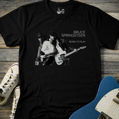 Black color adult unisex gildan 64000 shirt featuring Born to run studio album by e street band bruce springsteen 1975