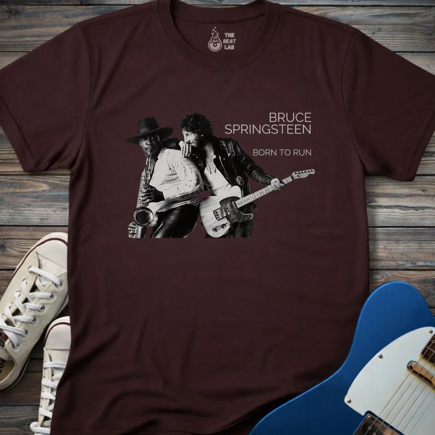 Dark chocolate color adult unisex gildan 64000 shirt featuring Born to run studio album by e street band bruce springsteen 1975