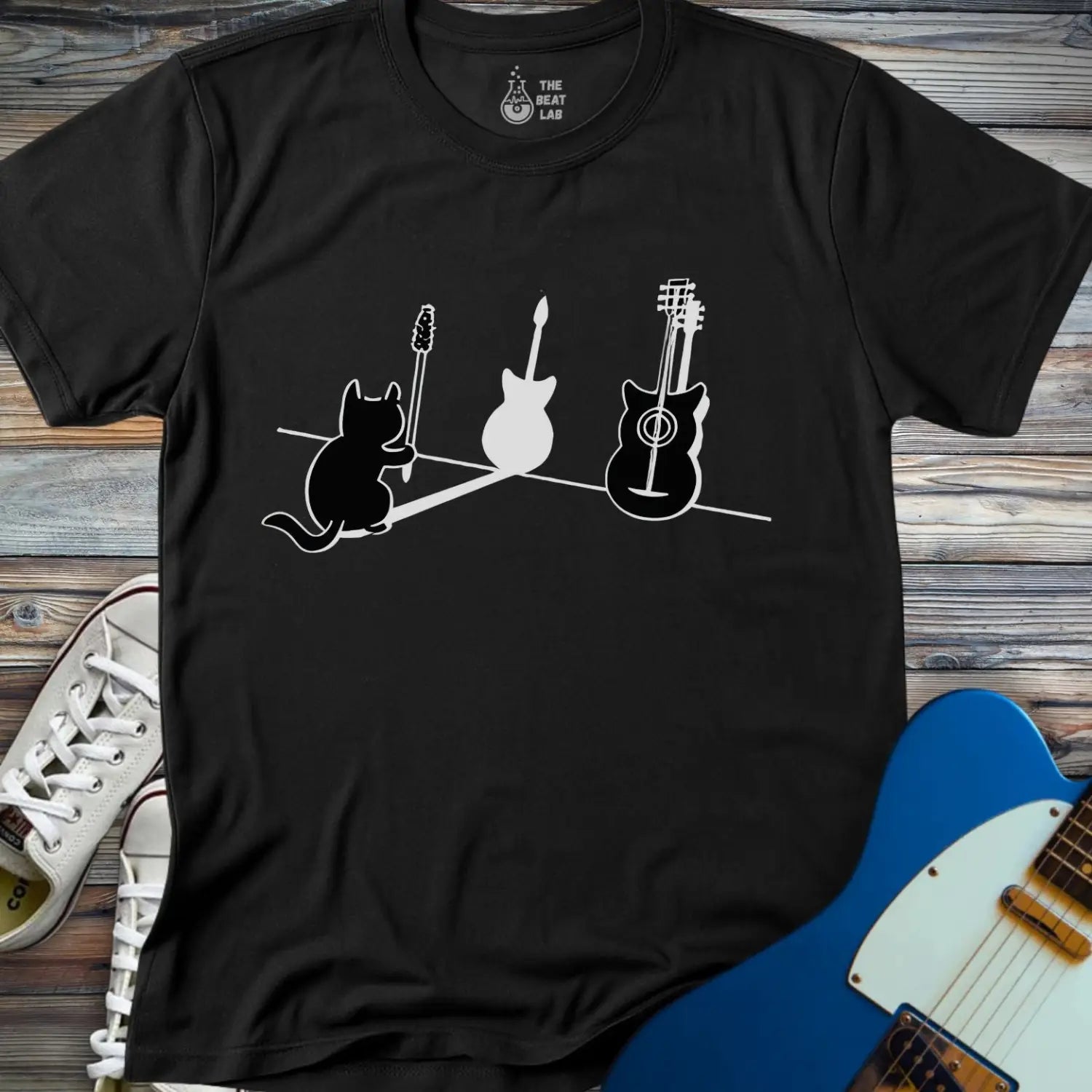 Cat & Guitar T-shirt - Black / S - T-Shirt