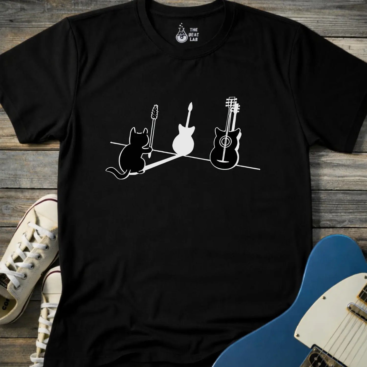 Cat & Guitar T-shirt - Black / S - T-Shirt