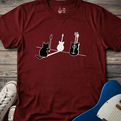 Cat & Guitar T-shirt - Maroon / S - T-Shirt