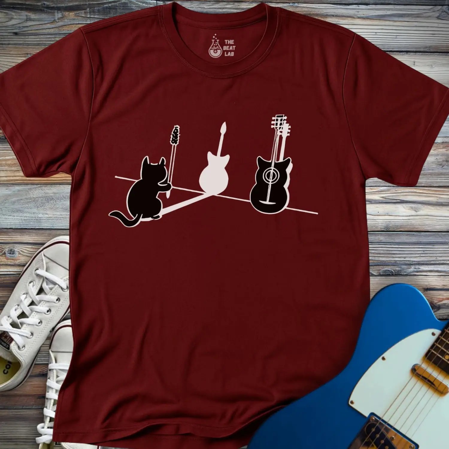 Cat & Guitar T-shirt - Maroon / S - T-Shirt