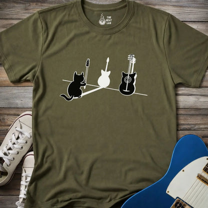 Cat & Guitar T-shirt - Military Green / S - T-Shirt