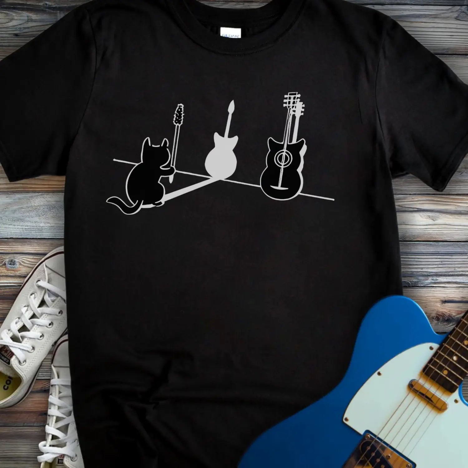 Cat Playing Guitar T-shirt - Black / S - T-Shirt