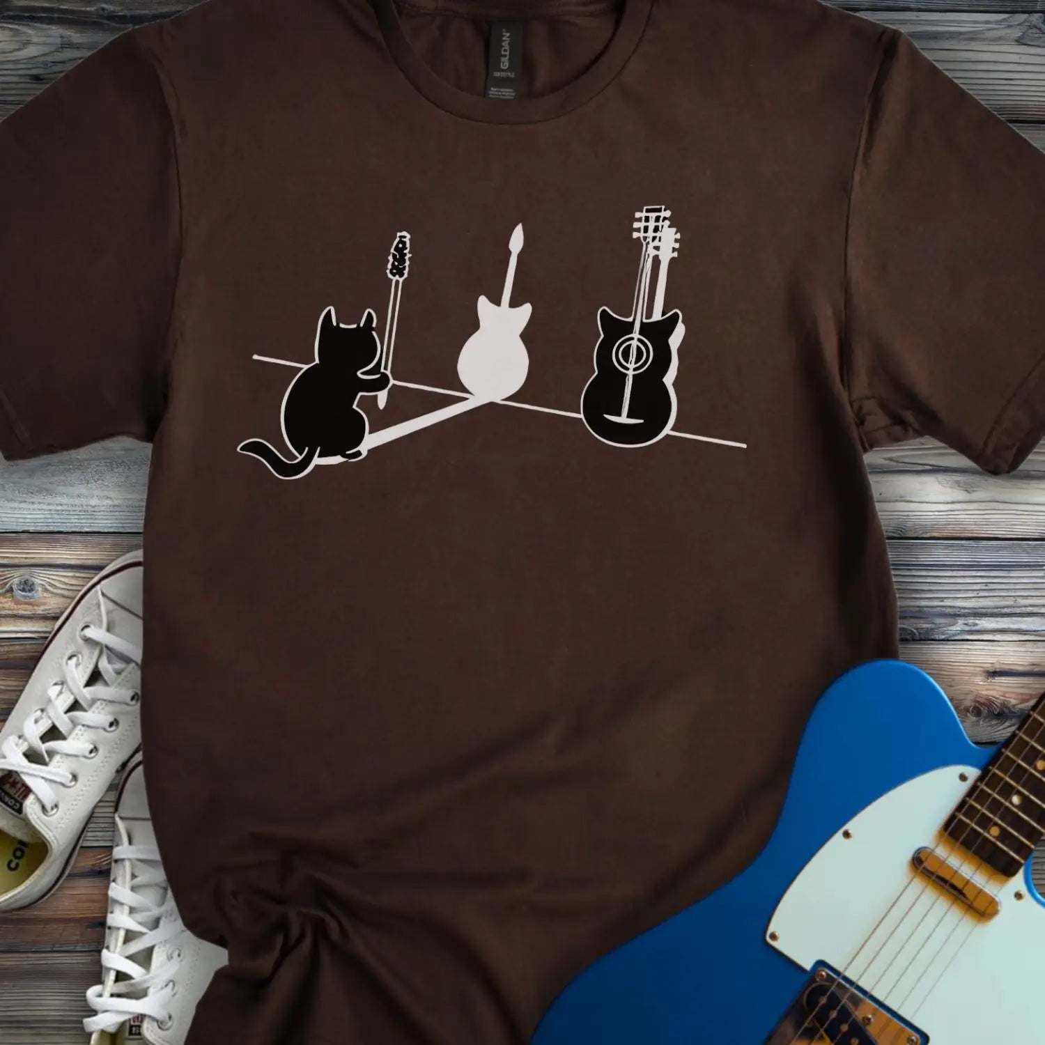 Cat Playing Guitar T-shirt - Dark Chocolate / S - T-Shirt