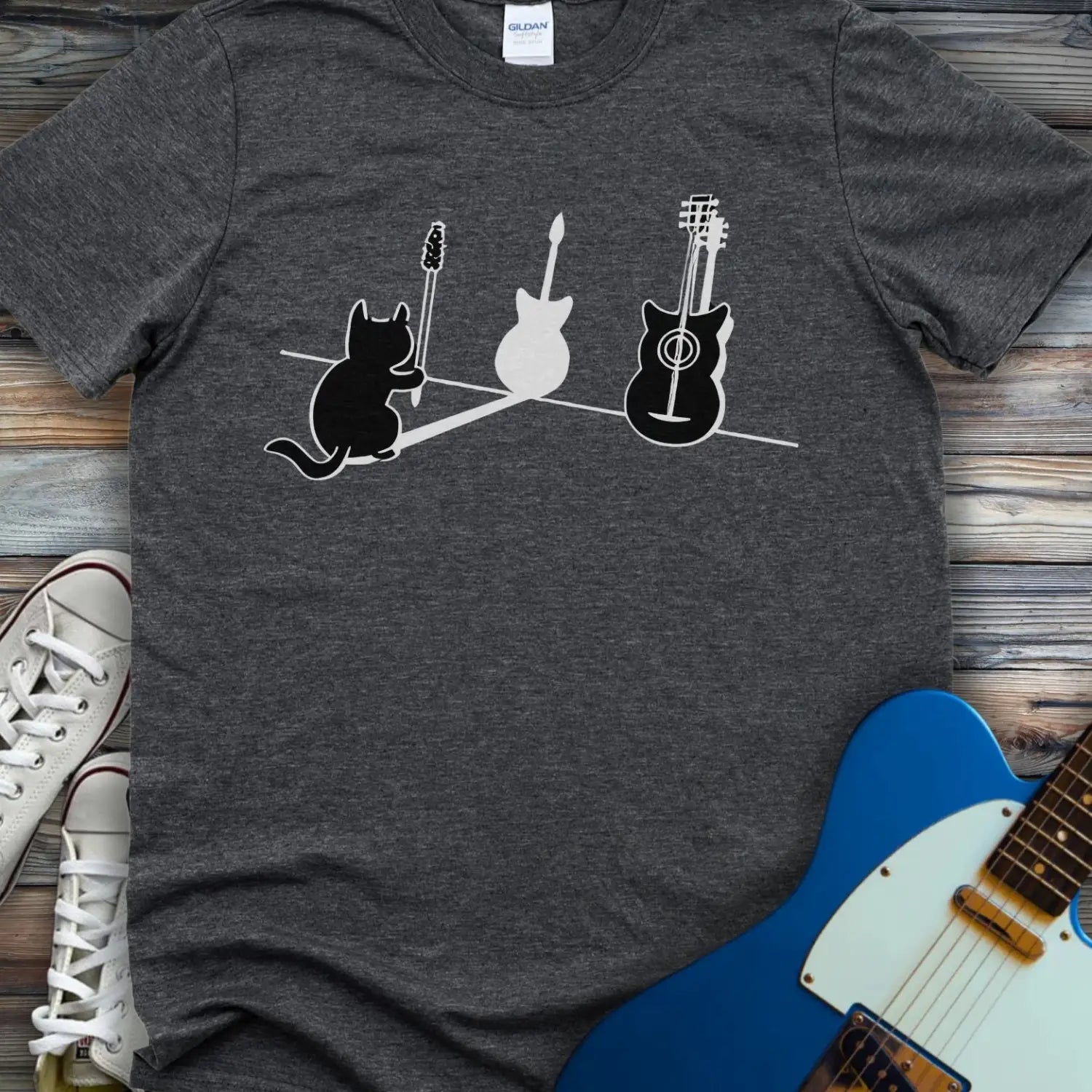 Cat Playing Guitar T-shirt - Dark Heather Grey / S - T-Shirt
