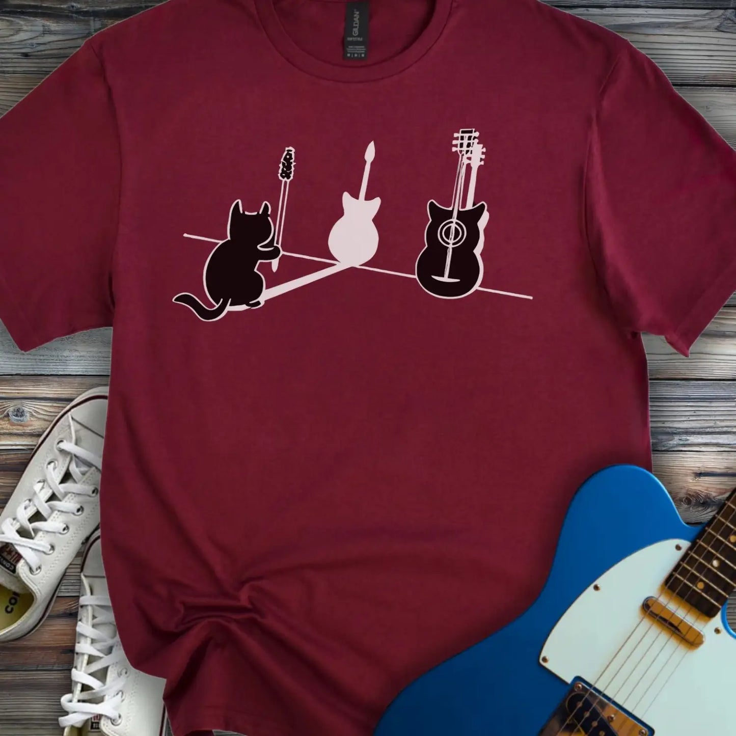 Cat Playing Guitar T-shirt - Maroon / S - T-Shirt