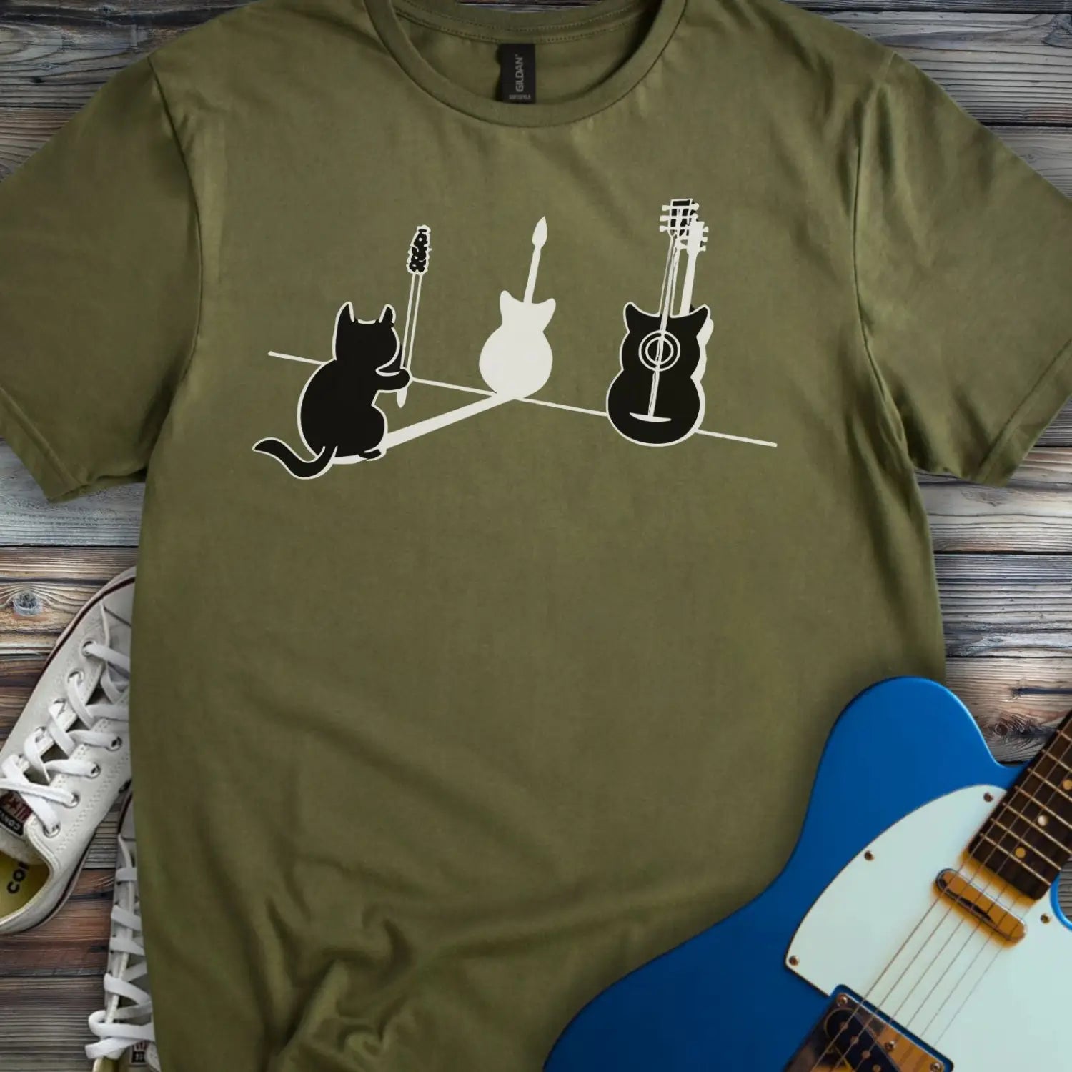 Cat Playing Guitar T-shirt - Military Green / S - T-Shirt
