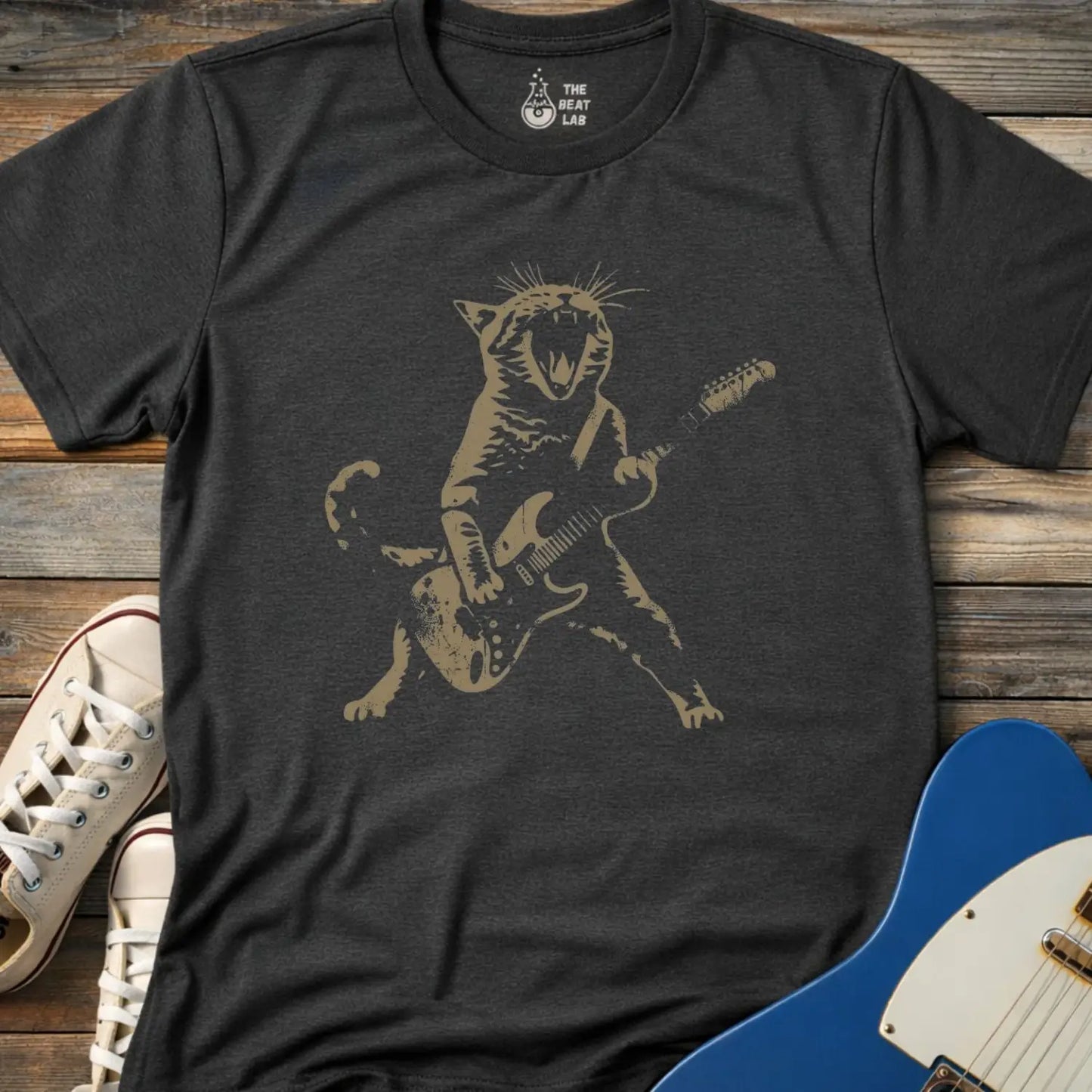 Cat Rock ’N’ Roll T-shirt - Dark Heather Grey / S - T-Shirt