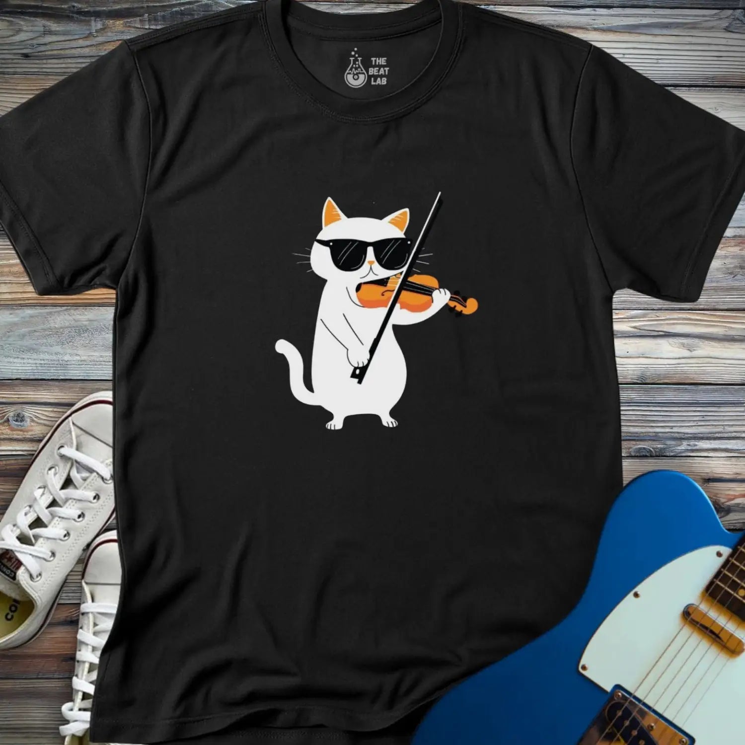 Cool Cat Playing Violin T-shirt - Black / S - T-Shirt