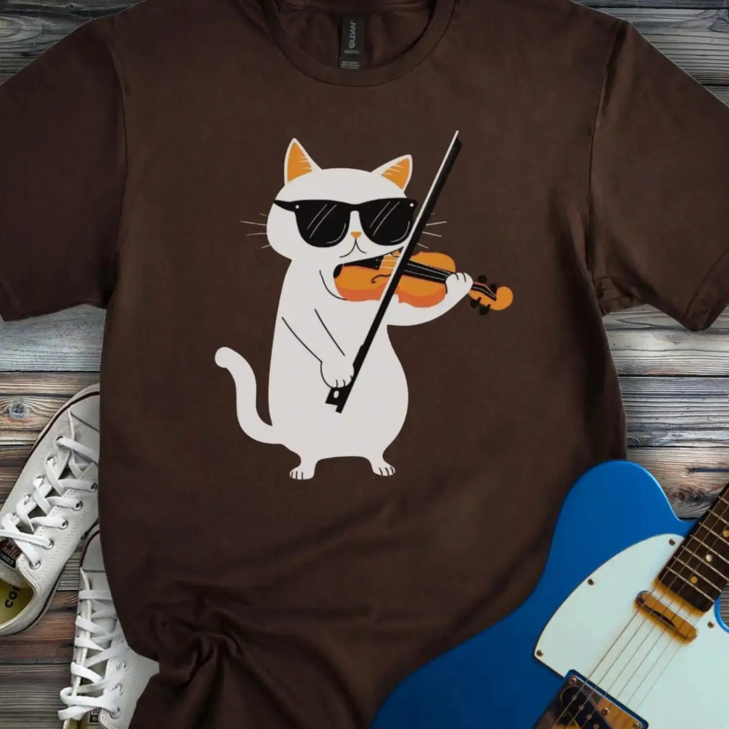 Cool Cat Playing Violin T-shirt Dark Chocolate