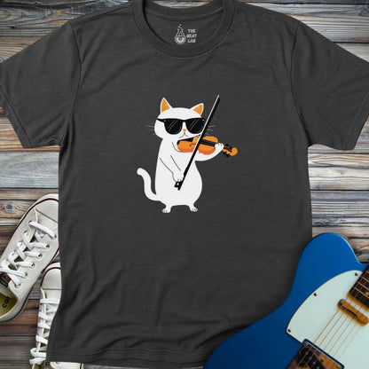 Cool Cat Playing Violin T-shirt - Dark Heather Grey / S - T-Shirt