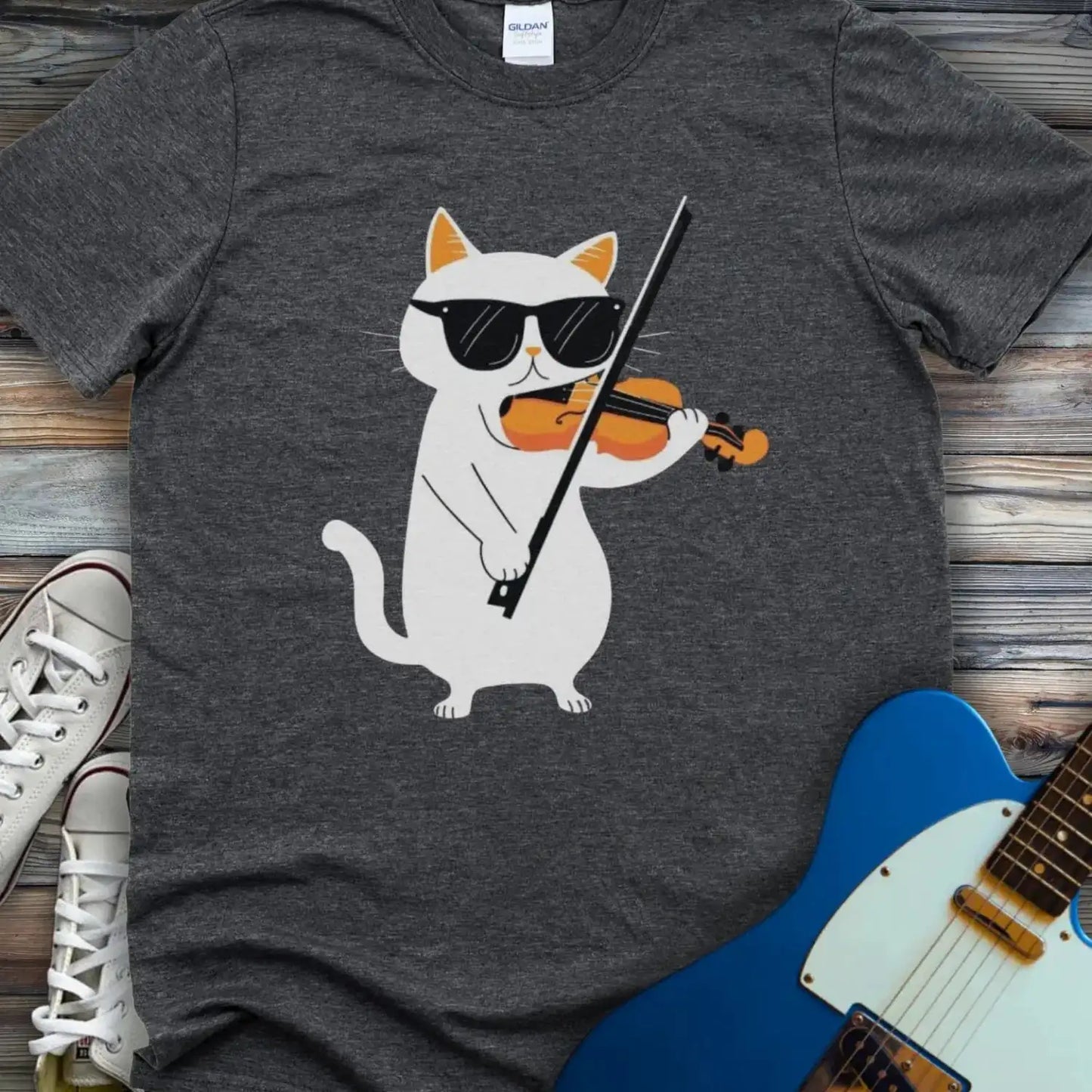 Cool Cat Playing Violin T-shirt Dark Heather Grey