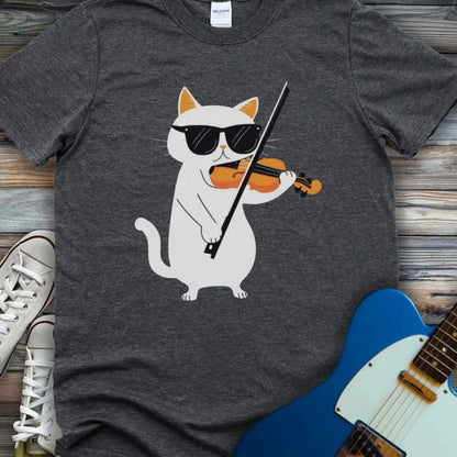Cool Cat Playing Violin T-shirt Dark Heather Grey