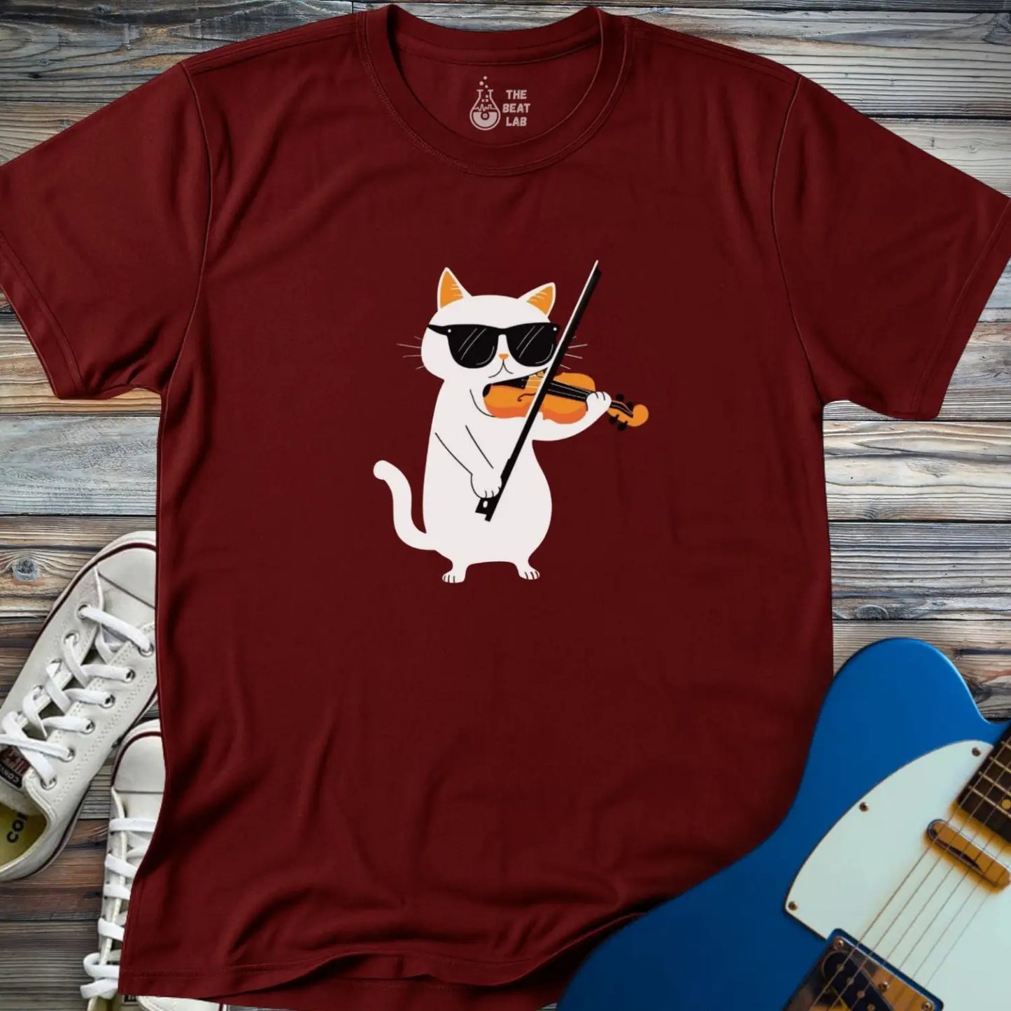 Cool Cat Playing Violin T-shirt - Maroon / S - T-Shirt