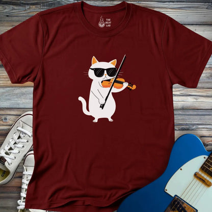 Cool Cat Playing Violin T-shirt - Maroon / S - T-Shirt