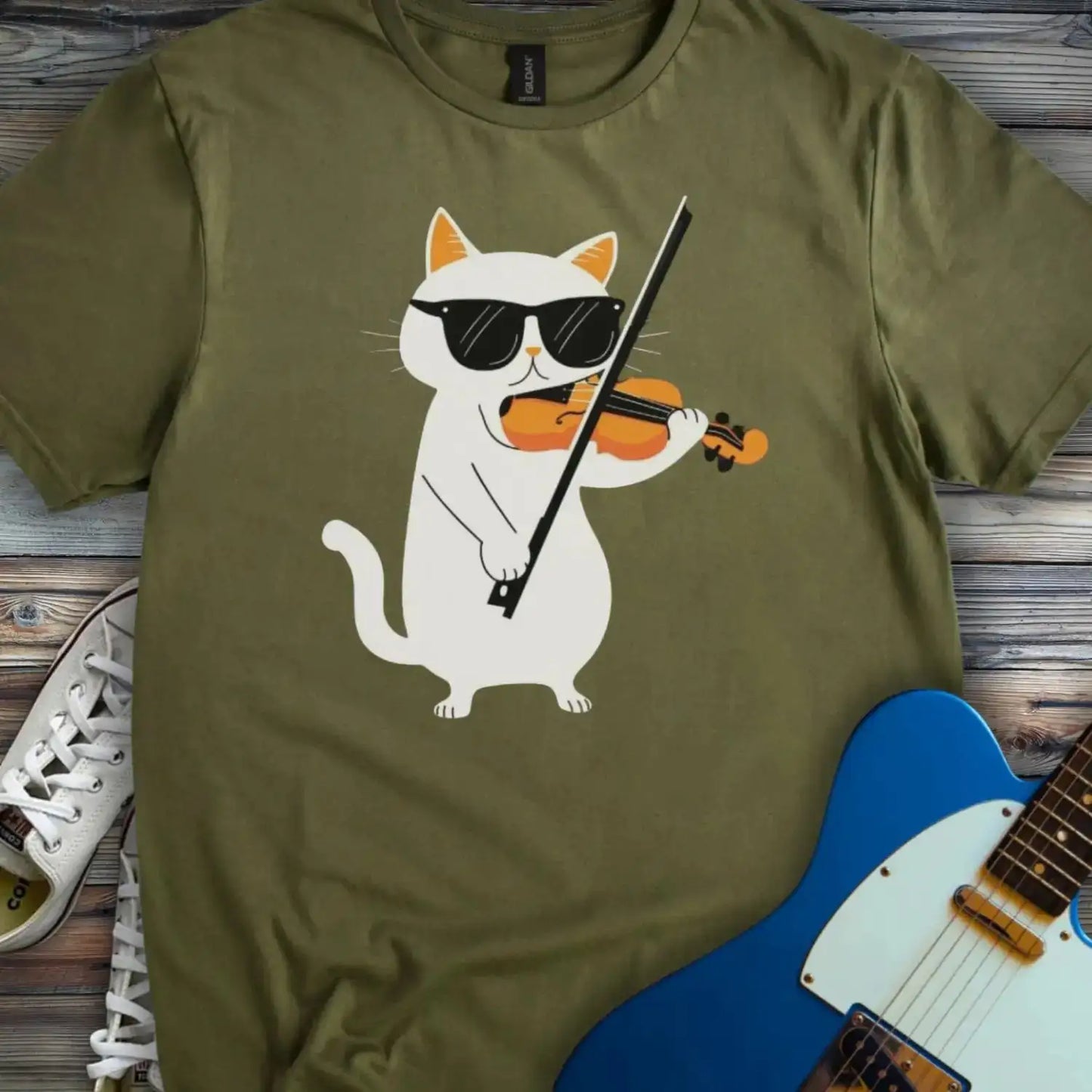 Cool Cat Playing Violin T-shirt Military Green