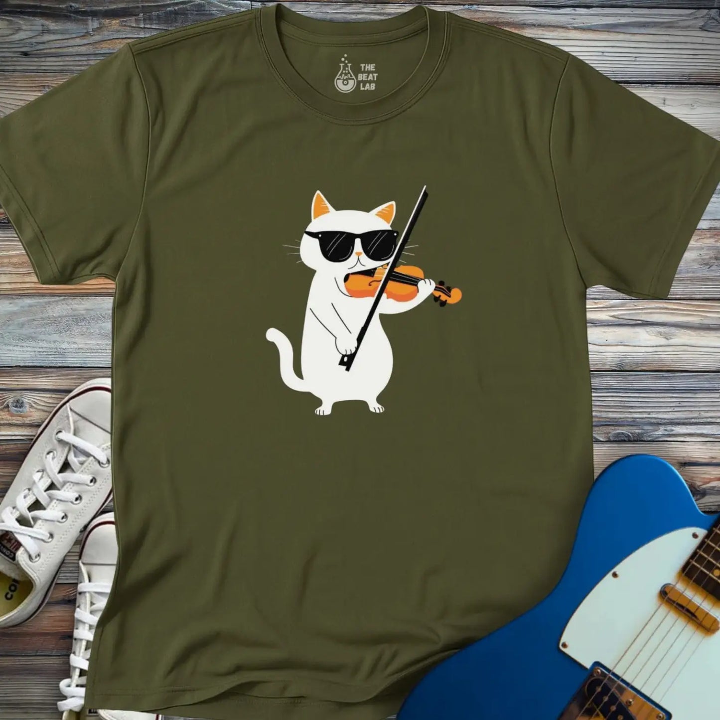 Cool Cat Playing Violin T-shirt - Military Green / S - T-Shirt