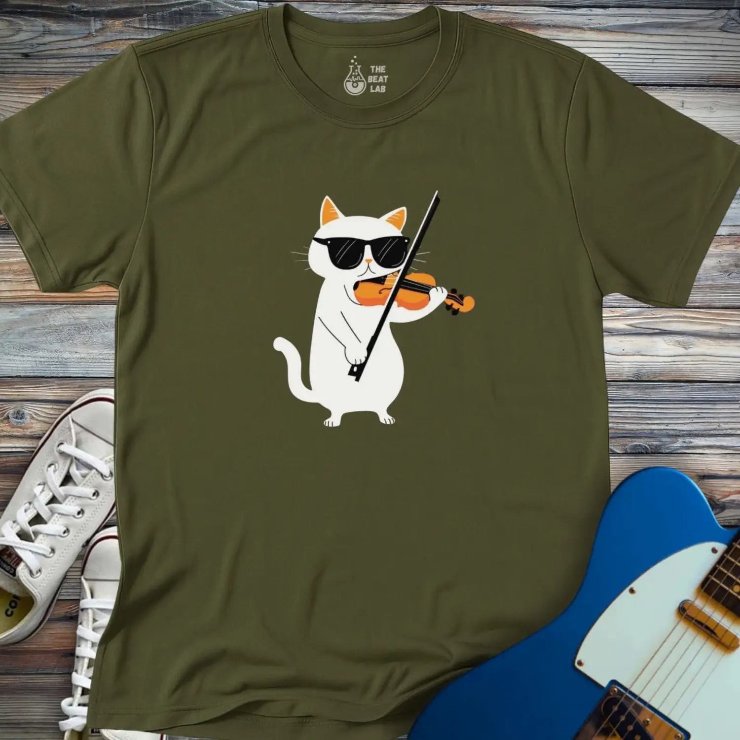 Cool Cat Playing Violin T-shirt - Military Green / S - T-Shirt