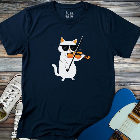 Cool Cat Playing Violin T-shirt - Navy / S - T-Shirt