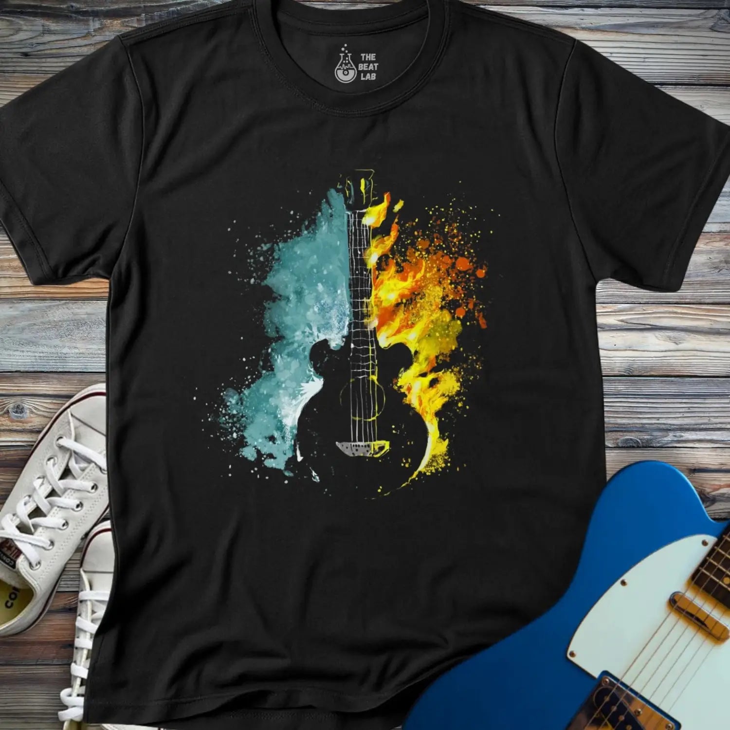 Fire and Water Guitar T-shirt - Black / S - T-Shirt
