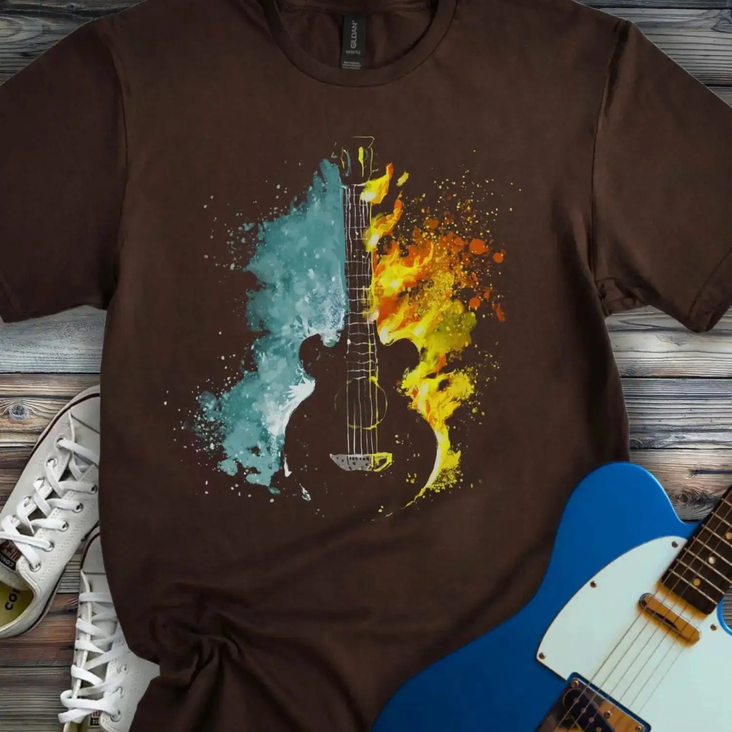 Fire and Water Guitar T-shirt Dark Chocolate