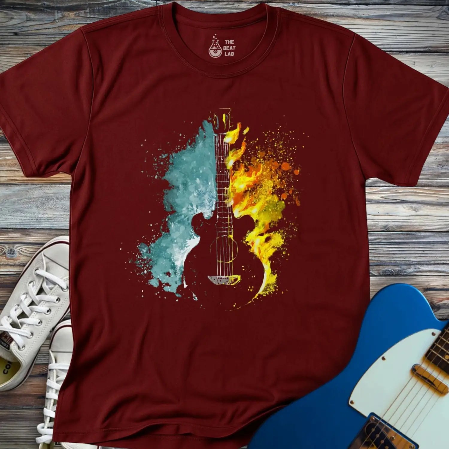 Fire and Water Guitar T-shirt - Maroon / S - T-Shirt