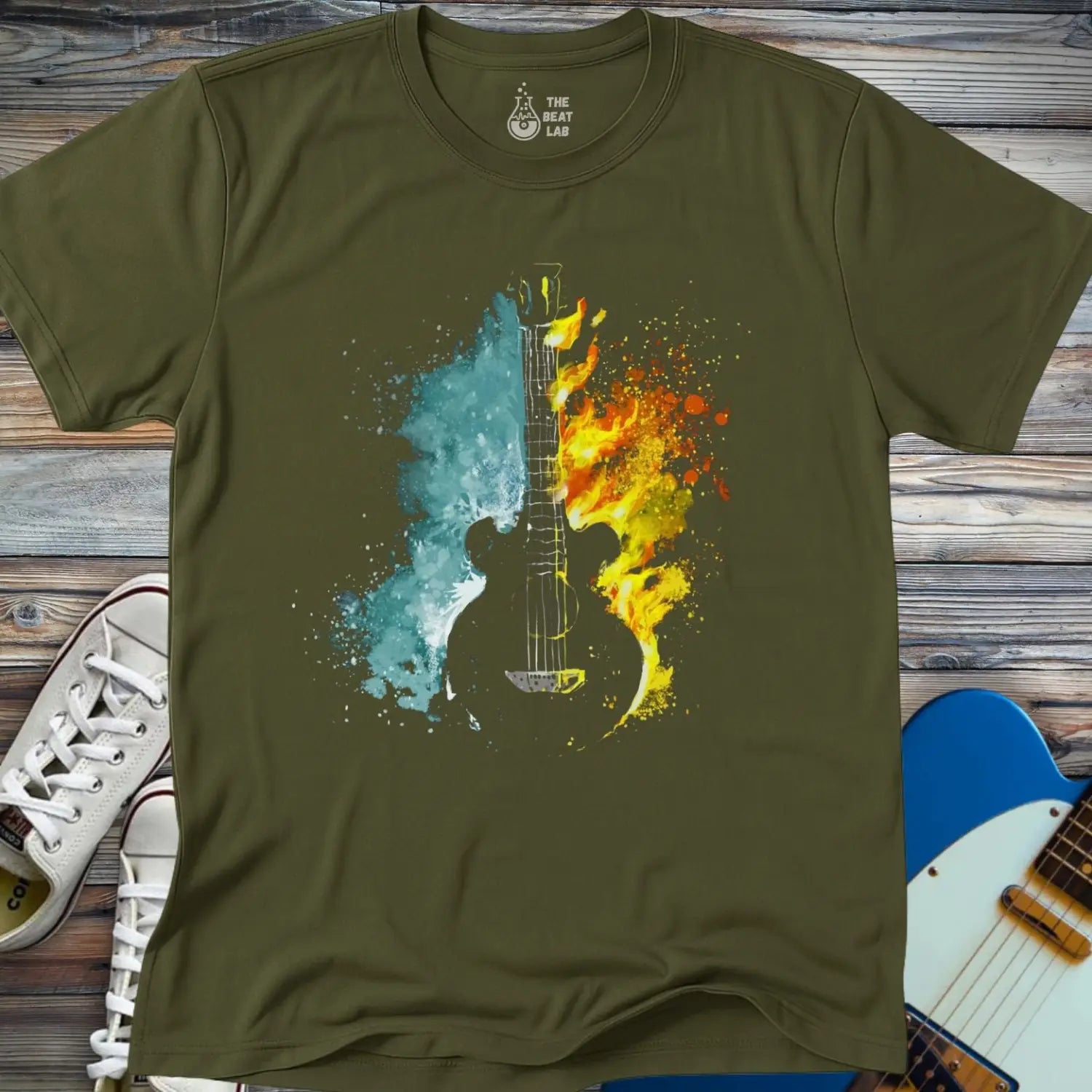 Fire and Water Guitar T-shirt - Military Green / S - T-Shirt